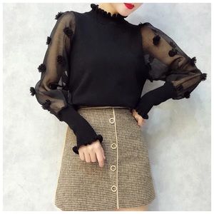 Elegant Black Sheer Sleeve Top - medium